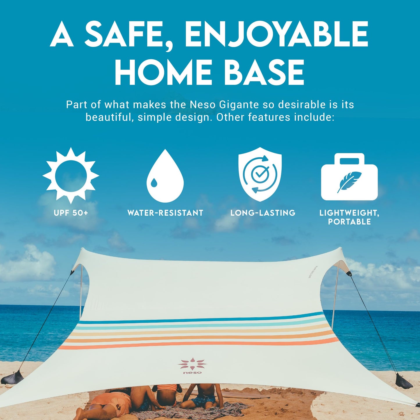 Neso Gigante Portable Beach Tent Sun Shelter - Lightweight Beach Shade Canopy - Easy Setup for Family Outings - Patented Reinforced Corners - UPF 50+ Sun Protection - 8ft Tall, 11 x 11ft - Rainbow