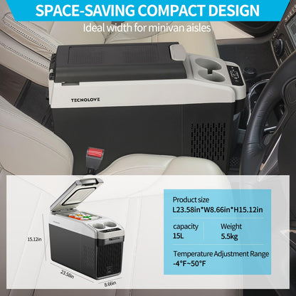 Tecnolove 12 Volt Center Console Fridge,Car Refrigerator 16QT(15L) Cooler (-4℉-50℉),Car Refrigerator RV Fridge,Portable Electric Cooler with 12/24V DC&110V AC, For MPV,RV,Van