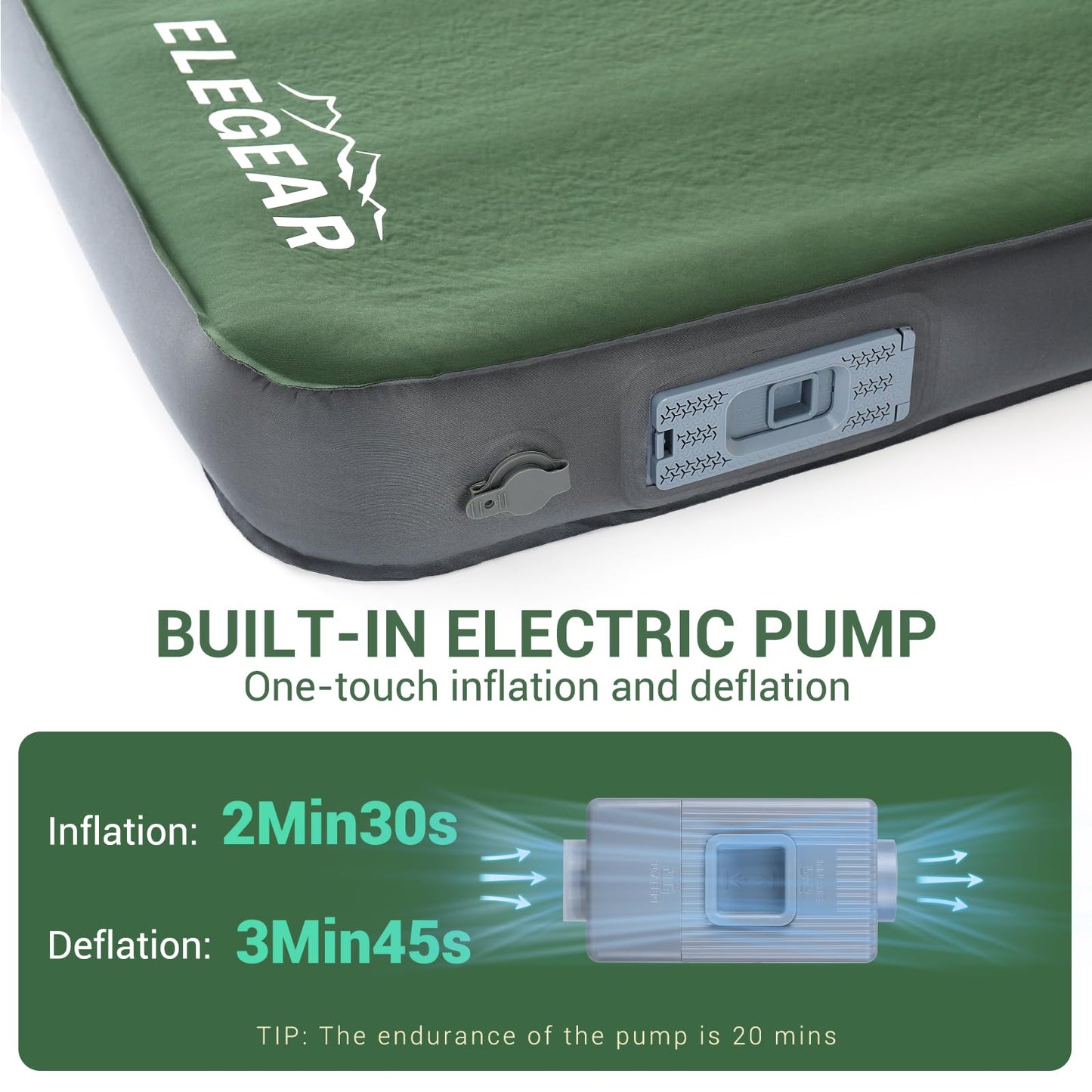 Elegear CumbreX™ Air & Foam Self Inflating Sleeping Pad, Built-in Electric Pump 4" Ultra-Thick Memory Foam Camping Mattress with Pillow Double Camping Pad 4-Season R-Value 9.5 Camp Mat - Gueen