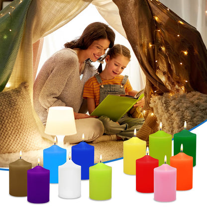 Unscented Color Pillar Candles Set of 12-2x3 inch - Dripless and Smokeless Large Pillar Candles, 20-Hours Long Burning Time Paraffin Candle for Dinner Table, Christmas and Home Deco