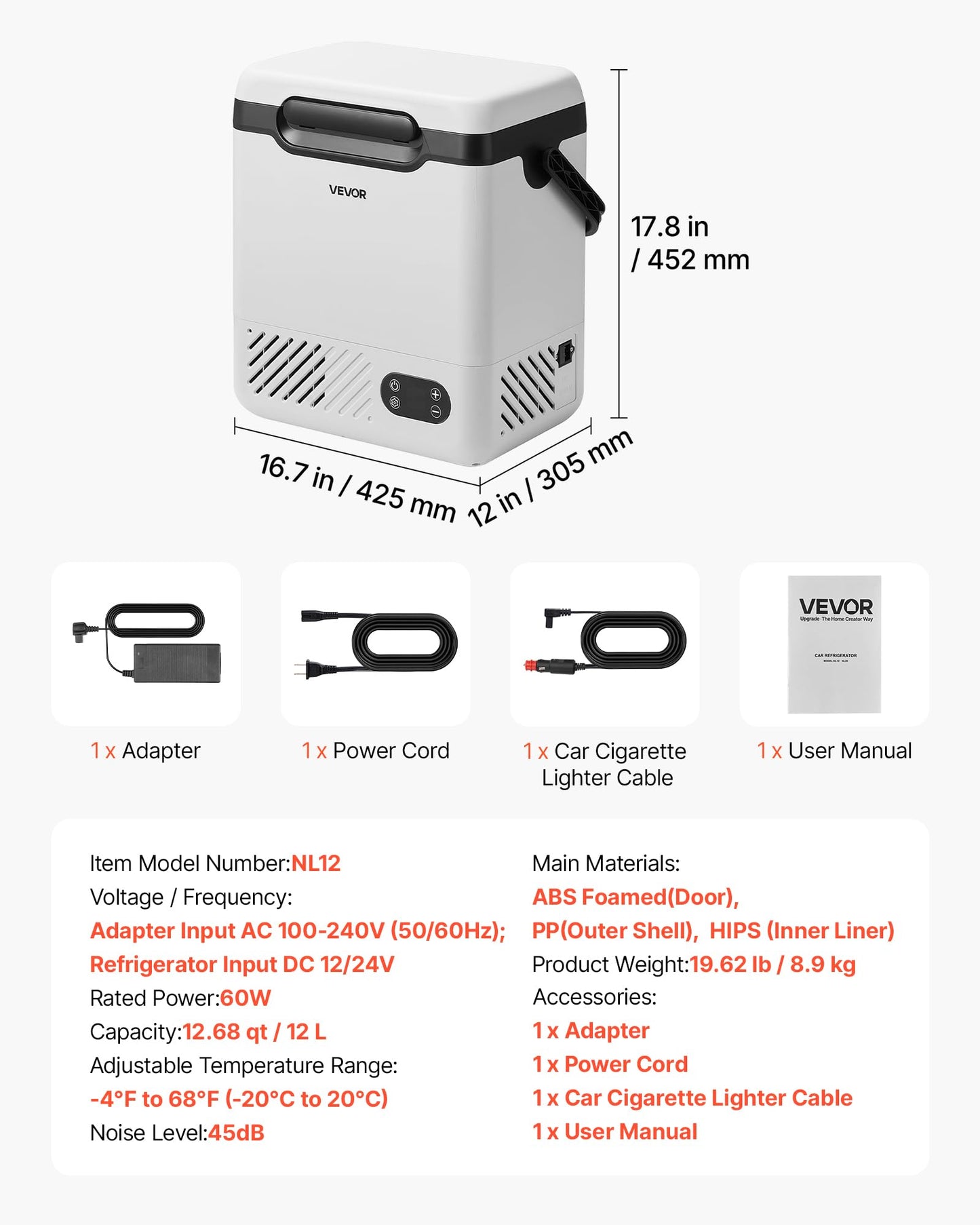 VEVOR 12 Volt Refrigerator, 12.68 QT/ 12L Car Fridge, Portable Electric Freezer Compressor with Handle, 12V/24V DC 100-240V AC, -4°F to 68℉/-20℃ to 20℃, for Truck Van RV SUV Boat Travel Camping