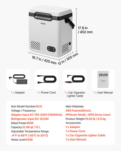 VEVOR 12 Volt Refrigerator, 12.68 QT/ 12L Car Fridge, Portable Electric Freezer Compressor with Handle, 12V/24V DC 100-240V AC, -4°F to 68℉/-20℃ to 20℃, for Truck Van RV SUV Boat Travel Camping