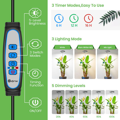 Aokrean 6.3in Grow Light, 80LED Full Spectrum Plant Light for Indoor Growing, Height Adjustable 10"-65", Auto Timer 6/12/16H, 3 Optional Spectrums, Idea for Large Plant, 5V, Black, 2 Pack