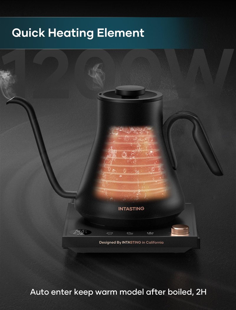 INTASTING Electric Kettle, Gooseneck Electric Kettle, ±1℉ Precise Temperature Control, Stainless Steel Interior, Quick Heating for Pour Over Coffee, Tea & Boiling Water, 0.9L (Black)