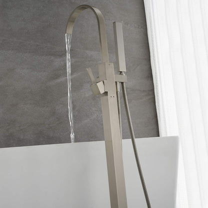 Artiqua Freestanding Bathtub Faucet Tub Filler Brushed Nickel Waterfall Floor Mount Faucets Single Handle with Hand Shower