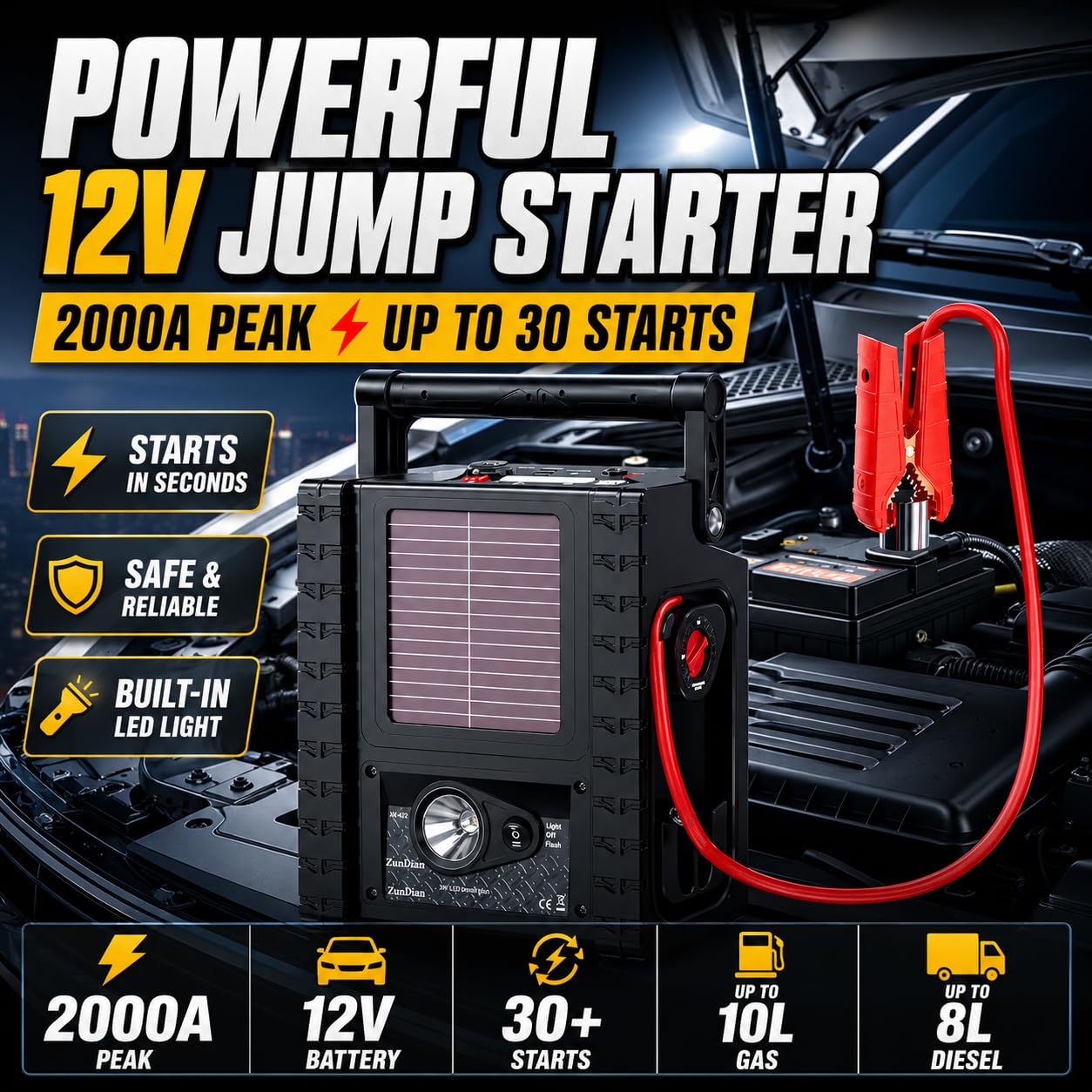 ZunDian 2000A Car Jump Starter & Battery Booster with Air Compressor – 12V Portable Car Starter for Trucks, SUVs, RVs & Cars – 400W AC Inverter, USB/DC Ports, LED Flashlight,Solar Charging