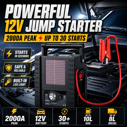 ZunDian 2000A Car Jump Starter & Battery Booster with Air Compressor – 12V Portable Car Starter for Trucks, SUVs, RVs & Cars – 400W AC Inverter, USB/DC Ports, LED Flashlight,Solar Charging