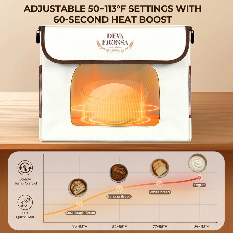 DEVA Fronsa Foldable Bread Proofing Box‌ - 36L Large Dough Proofer with 3-Sided Heating, 24H Timer+Temp Control(50-113℉) with Front Window & Metal Rack for Sourdough, Yogurt & Bread Baking