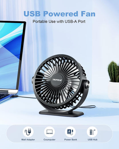 TriPole USB Powered Desk Fan - Portable Mini Fan with 3 Adjustable Speeds & 360° Rotation | Black, 4.9ft Cable