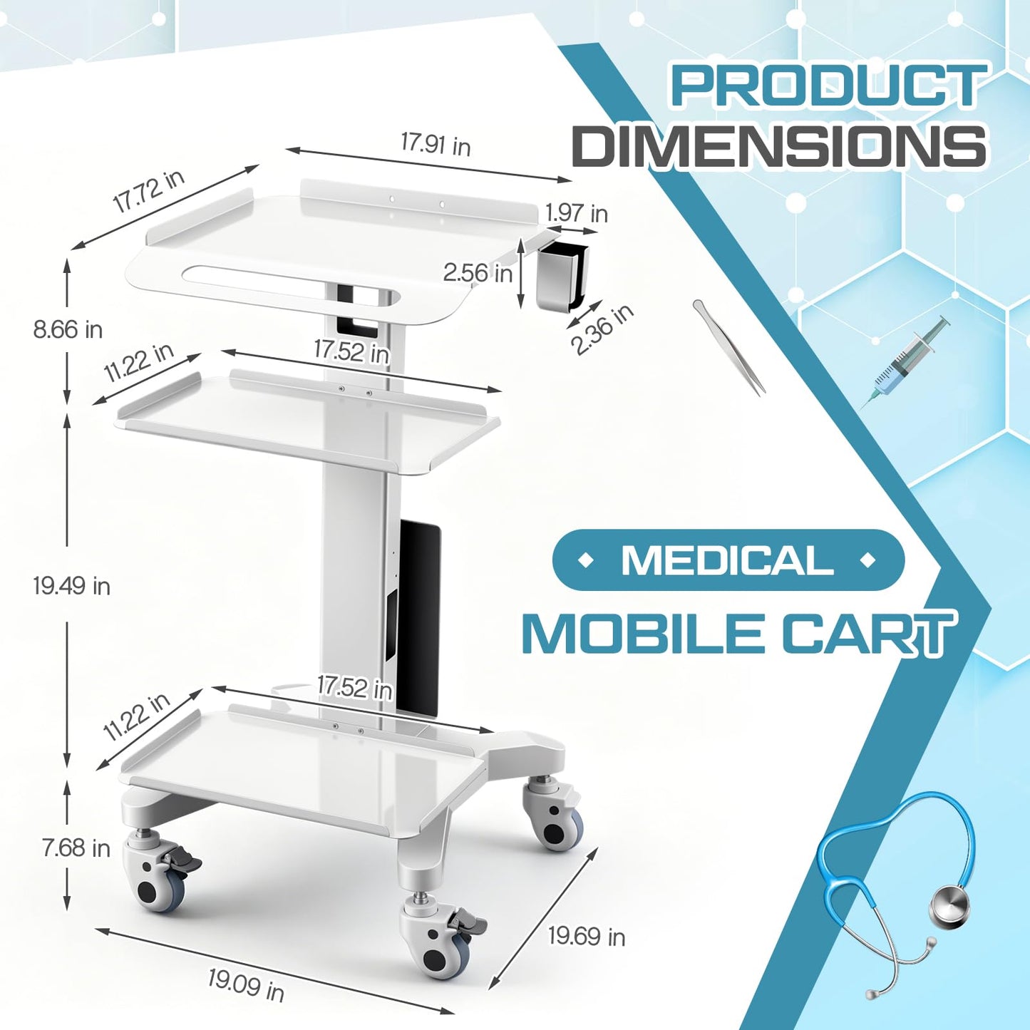 DaisyInner Adjustable Mobile Medical Cart with Wheels, Laptop Rolling Cart with Storage Basket Large Tabletop Medical Trolley Workstation for Hospital, Lab Use (3 Tier)