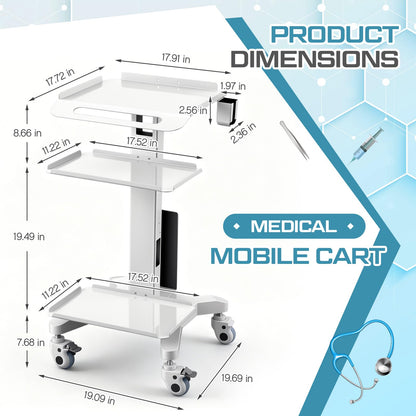 DaisyInner Adjustable Mobile Medical Cart with Wheels, Laptop Rolling Cart with Storage Basket Large Tabletop Medical Trolley Workstation for Hospital, Lab Use (3 Tier)