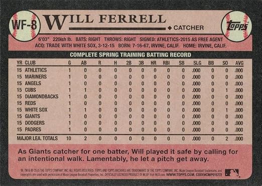 2015 Topps Archives Will Ferrell #WF-8 Will Ferrell Baseball Card - San Francisco Giants