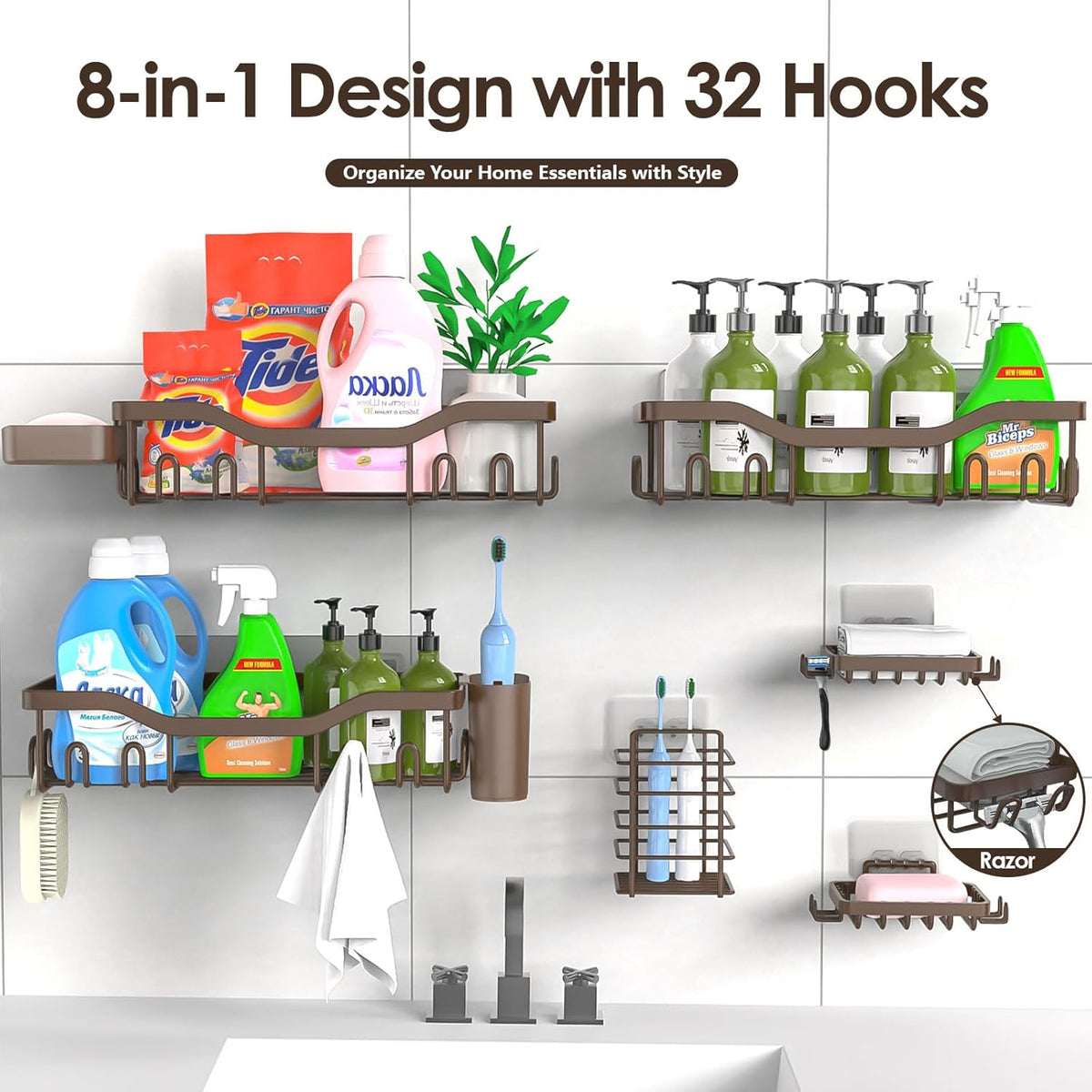 NESOMI Shower Caddy - Rustproof Stainless Steel Organizer with Soap Dish & Hooks | 8-Pack Large Capacity