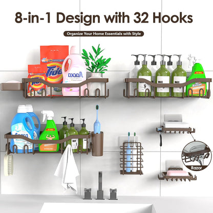 NESOMI Shower Caddy - Rustproof Stainless Steel Organizer with Soap Dish & Hooks | 8-Pack Large Capacity