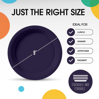 Exquisite Party Solids Navy Plastic Plates For Party 9" Navy Disposable Plates For Party Supplies 100 Pcs Plastic Dinnerware Sets Heavy Duty 350 GSM Disposable Dinnerware Set