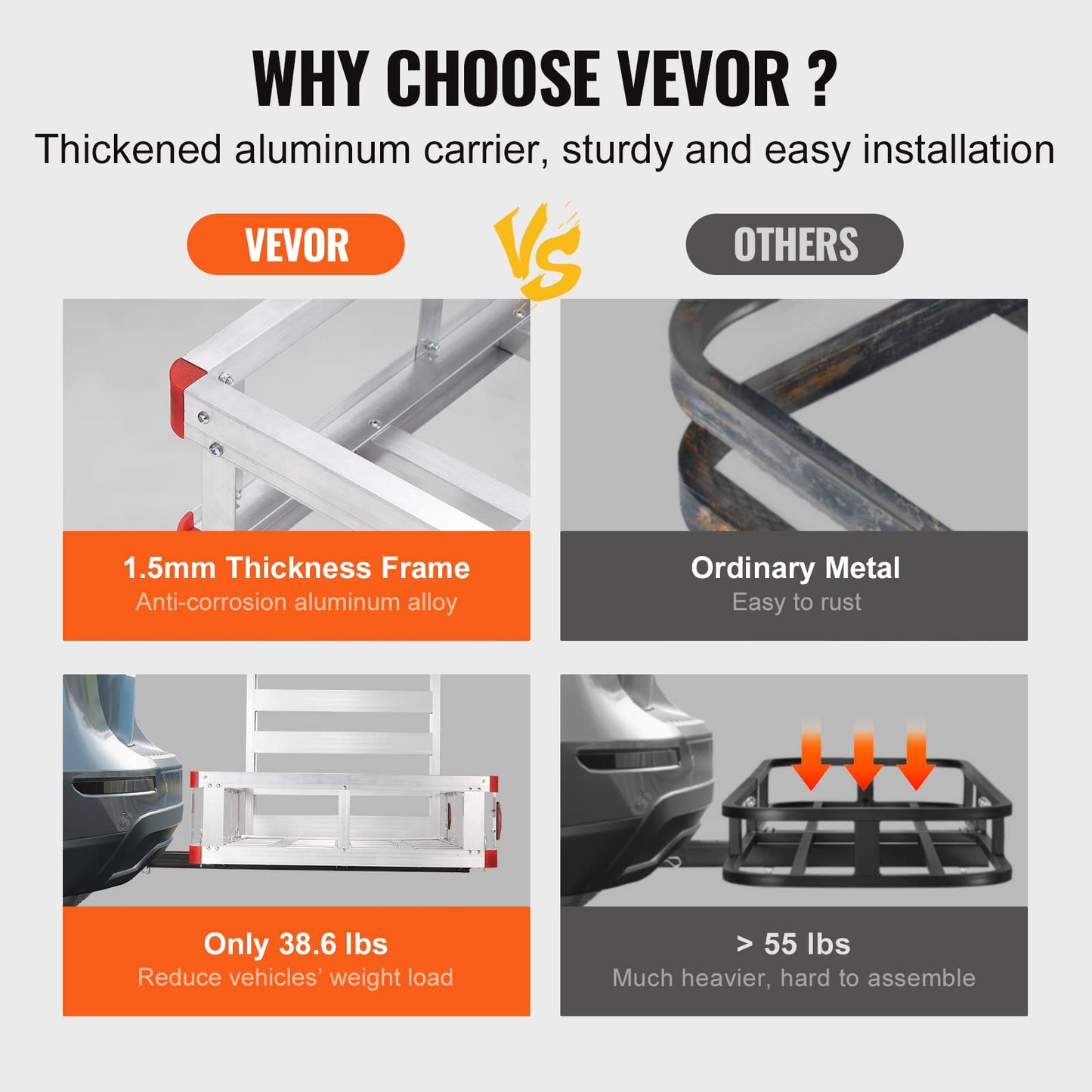 VEVOR 50 x 29.5 x 8.7 inch Hitch Cargo Carrier, 500lbs Capacity Trailer Hitch Mounted Cargo Basket, Aluminum Luggage Carrier Rack with Folding Ramp, Fits 2" Receiver for SUV Truck Pickup Camping
