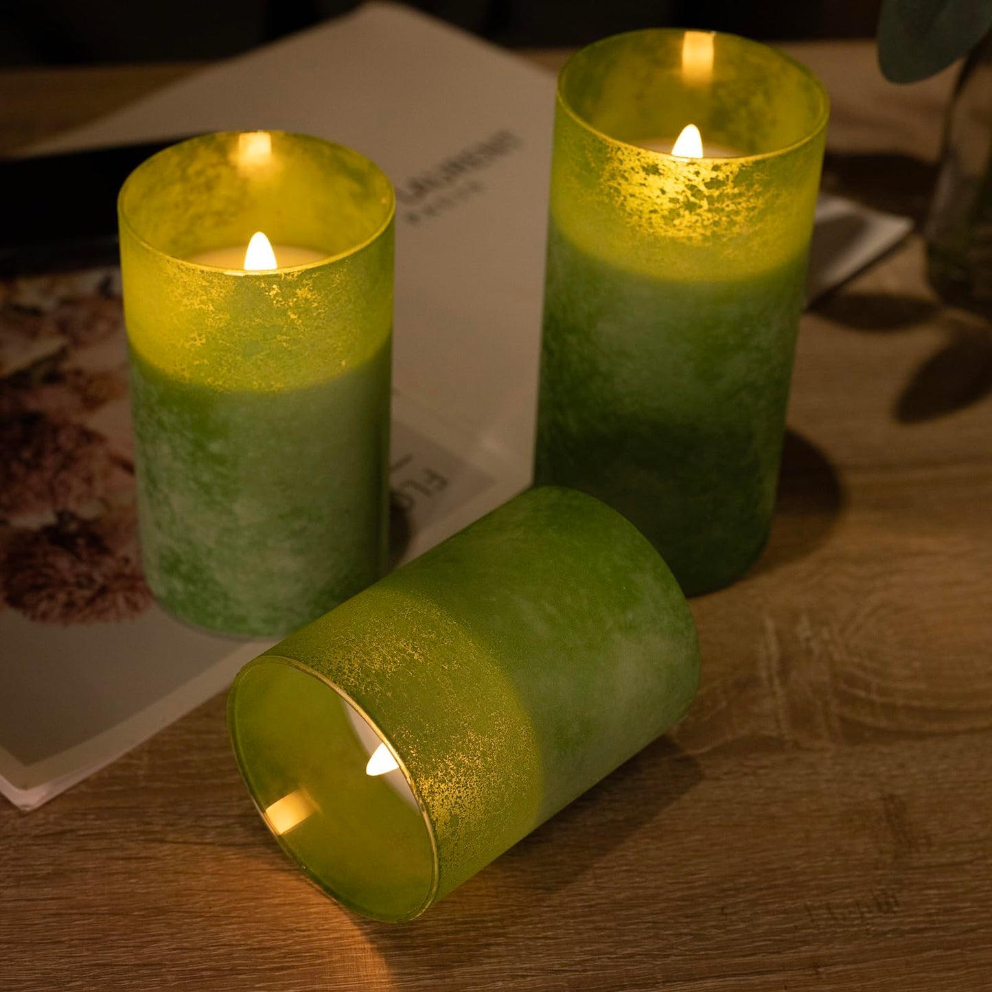COVEGE Green Battery Operated Candles with Remote and Timer, Real Wax Flickering Flameless Candles, Glass LED Pillar Candles for Party Wedding Halloween Christmas Decoration