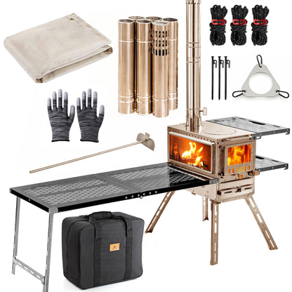 CAMPJOURNEY M6 Gold Wood Stove with Oven & IGT Table, Gold Finish, 2100 cu in Firebox, Portable Hot Tent Stove for Camping, 98" Chimney, Luxury Outdoor Heating for Winter Tent, Ice Fishing, Hunting