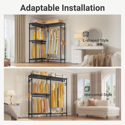 VIPEK L4 Clothes Rack L Shaped Garment Rack for Corner, 810lbs Heavy Duty Portable Closet Metal Clothing Rack, Adjustable Shelving/Sturdy Hanging Rods/Side Hooks, Black