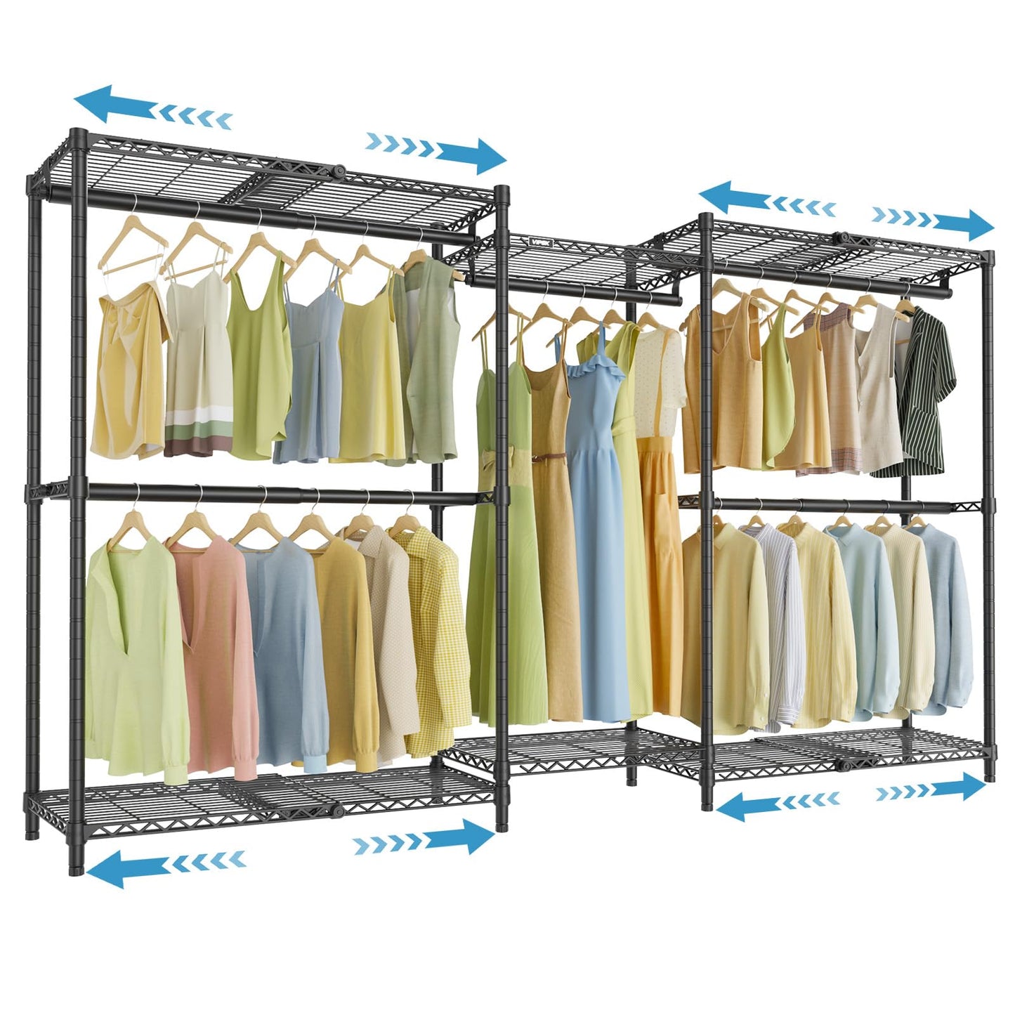 VIPEK X3 Basic Expandable Closet System, Heavy Duty Freestanding Open Wardrobe with Long Hanging Area, 5 Hanging Rods & 6 Adjustable Shelves, Fits 5.10 to 8.8 FT, Black