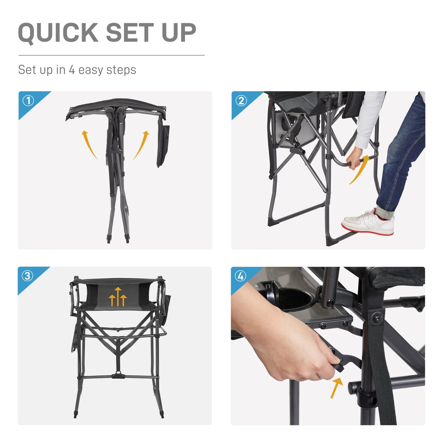 EVER ADVANCED Portable 30.7" Seat Height Tall Folding Camping Chair Directors Chair High Foldable Bar Stool with Side Table for Makeup Artist, Sports Event, Craft Show, Supports 350LBS
