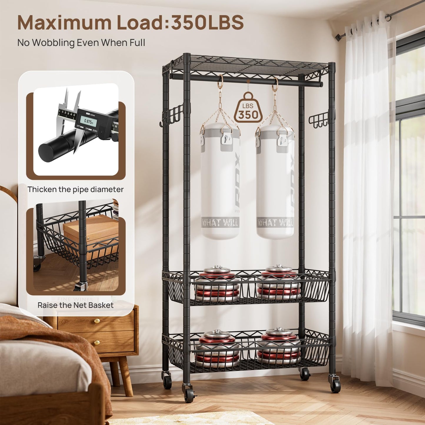 Heavy Duty Clothes Rack Rolling Garment Rack,3 Tier Adjustable Wire Shelving Clothing Racks for Hanging Clothes with Double Rods&Side Hooks,Freestanding Wardrobe Storage Rack Metal Portable Closet