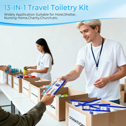 Xuezoioy Personal Hygiene Kit Bulk Pack of 100,Individually Wrapped 13-IN-1 Blue Disposable Basic Travel Toiletry Set Homeless Care Package Supplies for Men,Women,Guests,Charity