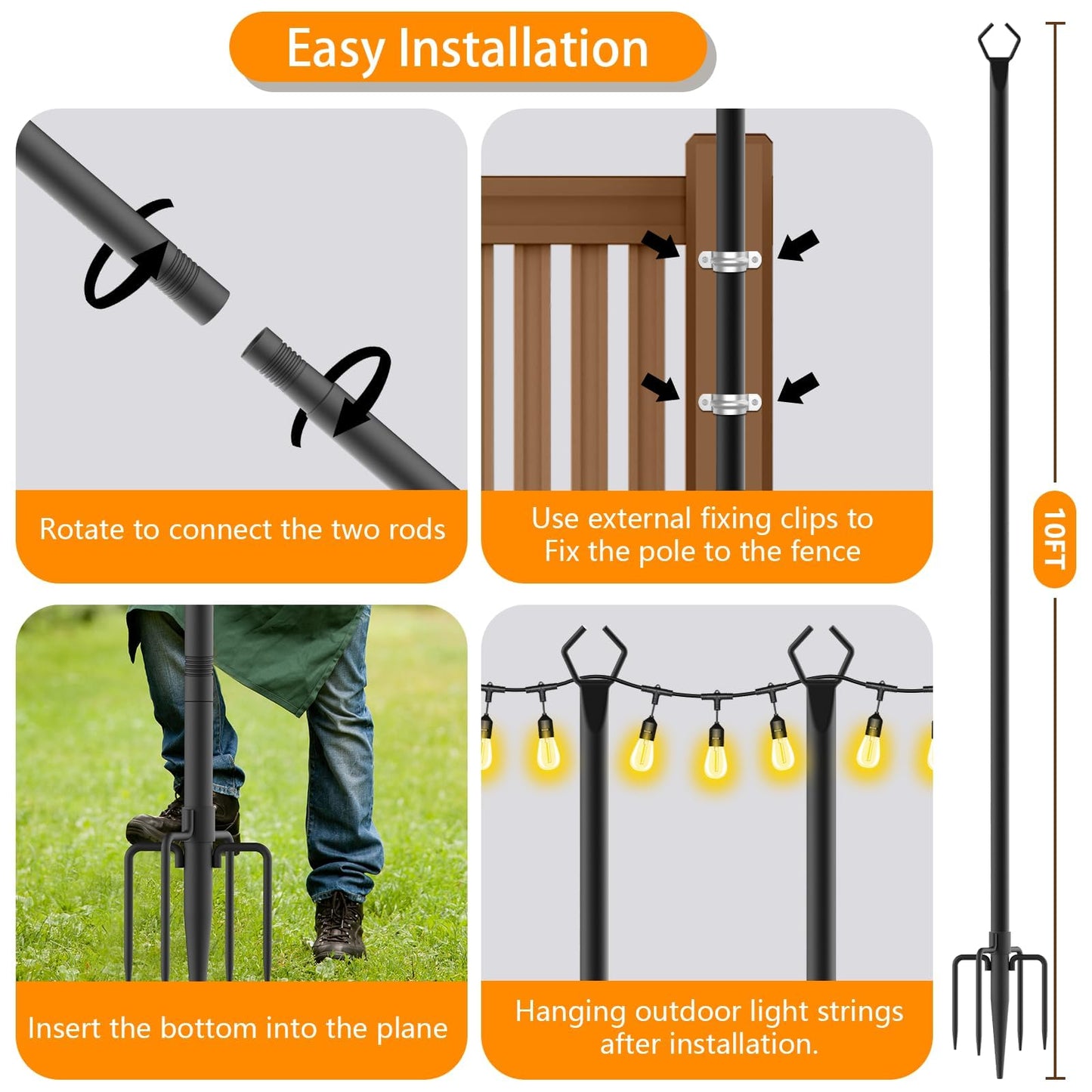 TQQVXX 10 Pack 10 FT String Light Poles,Metal with Fork Lights Poles for Outdoor String Light, Rustproof Heavy Duty for Outside Garden,Patio,Wedding,Backyard,Deck,Party
