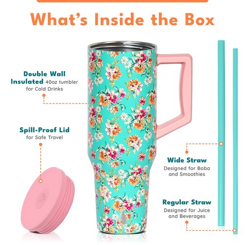 Elemental 40 oz Tumbler with Handle and Straw - Spill Proof Insulated Stainless Steel Commuter for Cold Beverages - Travel Coffee Mug with 2 Straws & Spill Proof Lid - 40oz - Vintage Flower