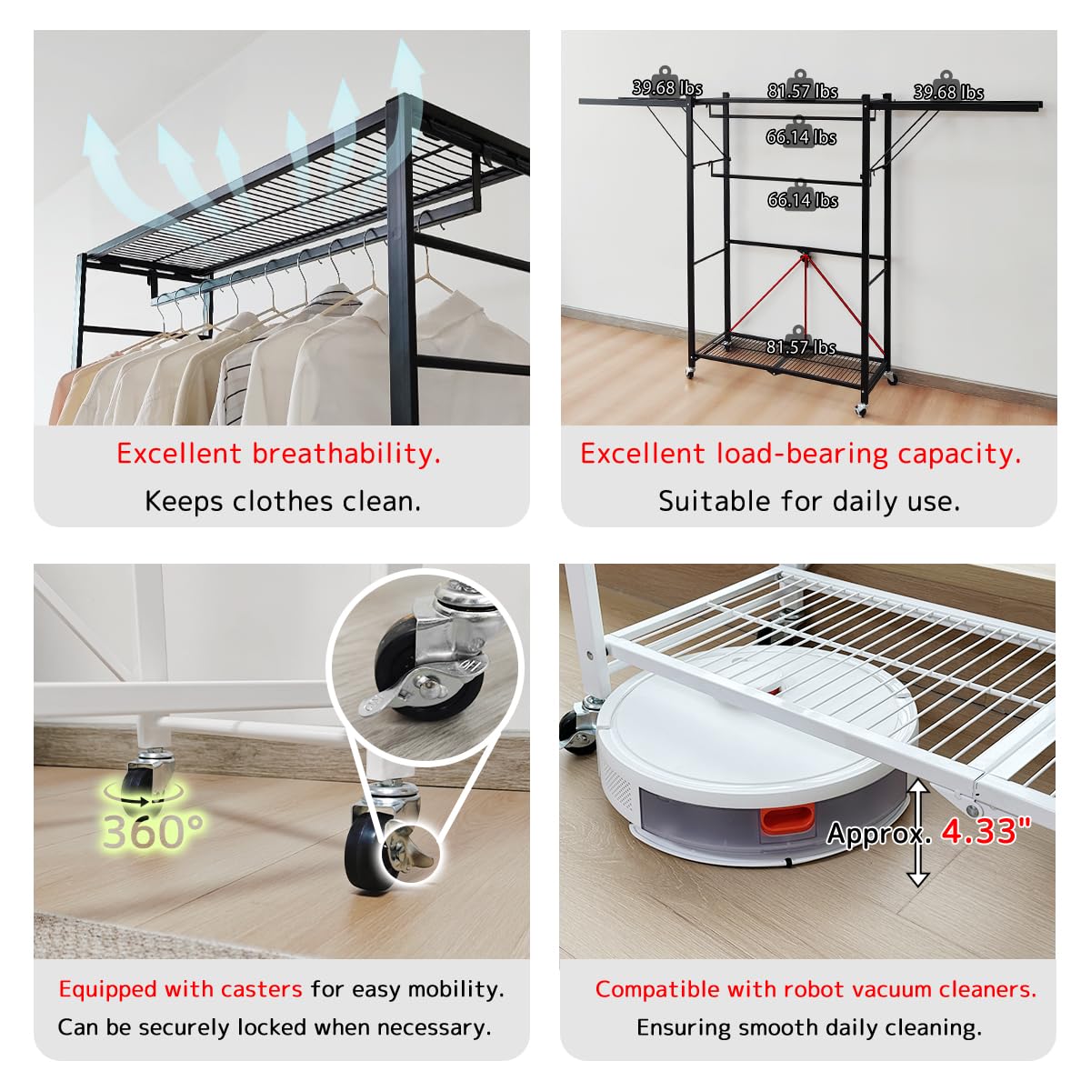 lumizone Folding Clothing Rack with Wheels Expandable Wardrobe Portable Clothes Rack for Hanging Clothes Adjustable Closet Shelves Garment Rack Durable Closet Racks for Hanging Clothes (Pro White)