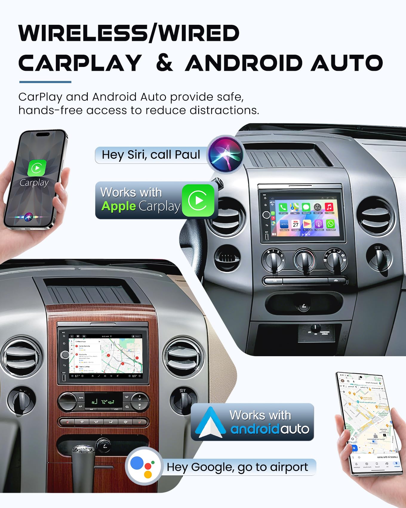 8-core+64G Car Radio for Ford F150/F250/F350 2004-2014, 7 Inch QLED Touchscreen Stereo Support Carplay & Android Auto Bluetooth/Voice Control/GPS/WiFi/Back-up Camera/SWC/FM, Android 15