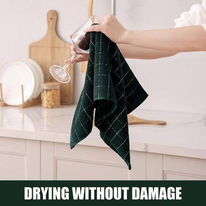 Homaxy 100% Cotton Terry Kitchen Towels(Blackish Green, 13 x 28 inches), Checkered Designed, Soft and Super Absorbent Dish Towels, 4 Pack