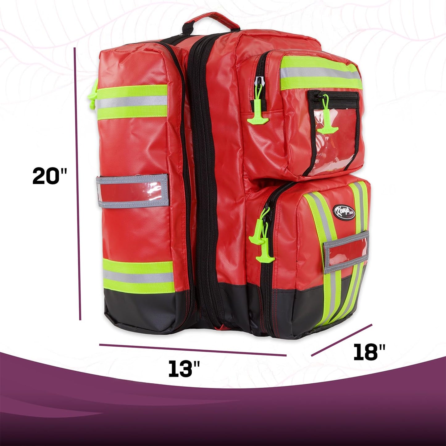 Kemp USA Heavy-Duty EMT Bag, Made with Fluid-Resistant Tarpaulin Material - Emergency Survival Kit with Room for D O2 Tank - Medical Backpack with Multiple Handles (Tarpaulin Fabric Red)