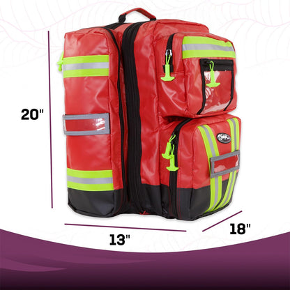Kemp USA Heavy-Duty EMT Bag, Made with Fluid-Resistant Tarpaulin Material - Emergency Survival Kit with Room for D O2 Tank - Medical Backpack with Multiple Handles (Tarpaulin Fabric Red)