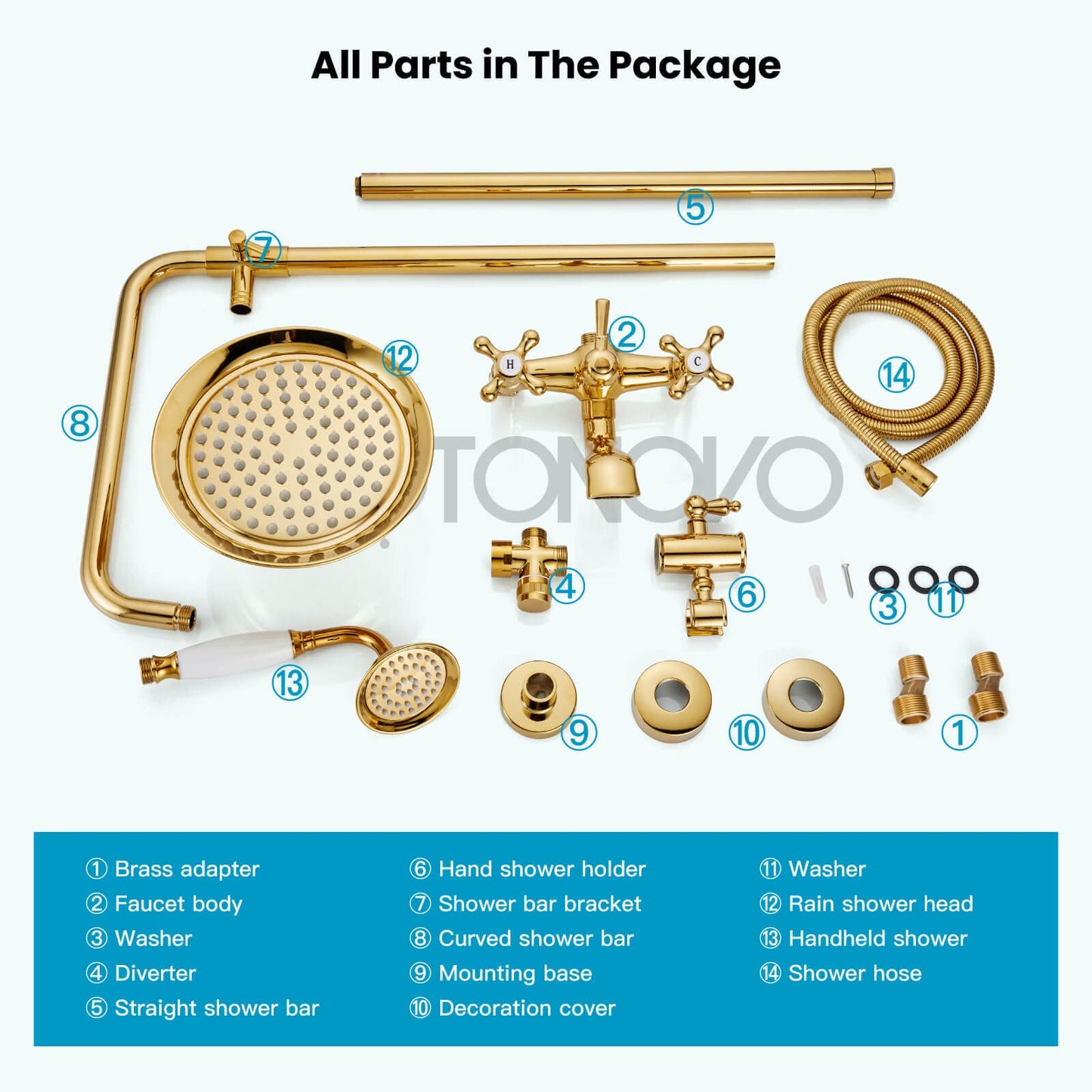 gotonovo Bathroom Exposed Shower Faucet Outdoor Shower System 8 Inch Rainfall Shower Head Set with Tub Spout and Handheld Spray Double Cross Handles Wall Mount without Shower Shelf Polished Gold