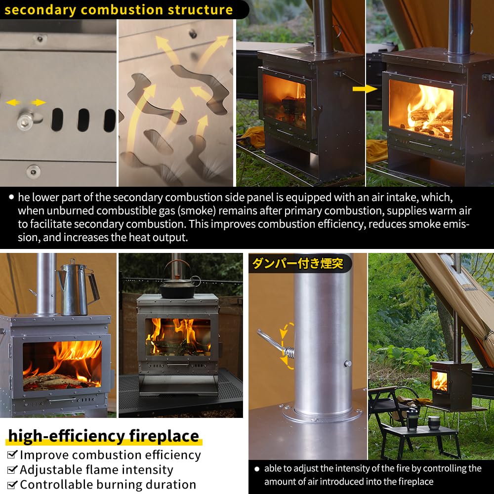 Soomloom Titanium Secondary Burning Fireplace VistaV Smokeless Wood Stove Glass Window Portable Firewood Heater Tent Cooking BBQ Campfire Outdoor Camping Warmer, 43x27x37