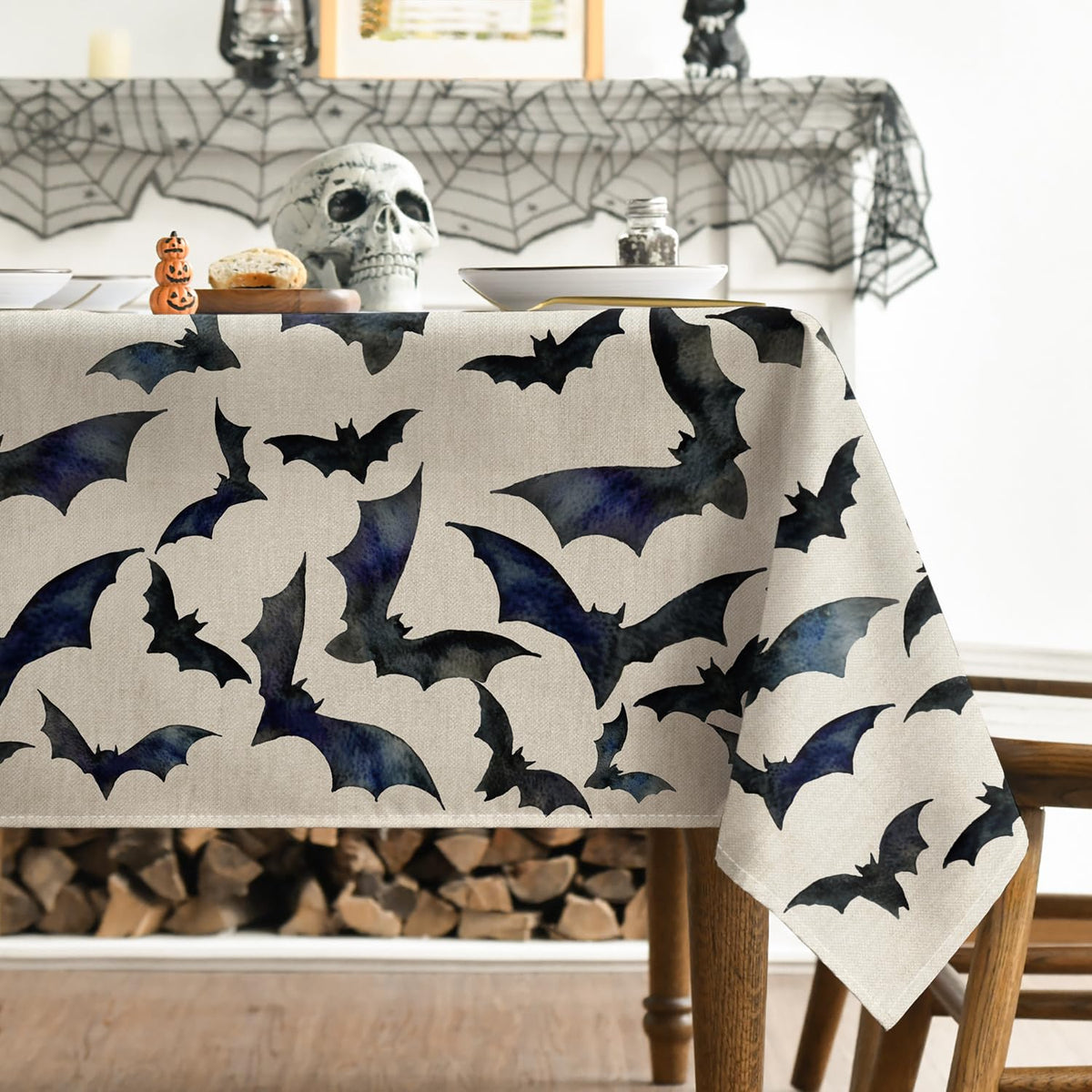 Horaldaily Halloween Tablecloth 52x70 Inch Rectangular, Bats Washable Table Cover for Party Picnic Dinner Decor