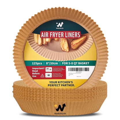 40GSM Air Fryer Paper Liners, 125Pcs 8 inch Disposable Parchment Paper for 5-8 qt Basket Air Fryer, Non-Stick Oil-Proof Heat Resistant Food Grade for Cooking, Roasting & Frying, Round 8"