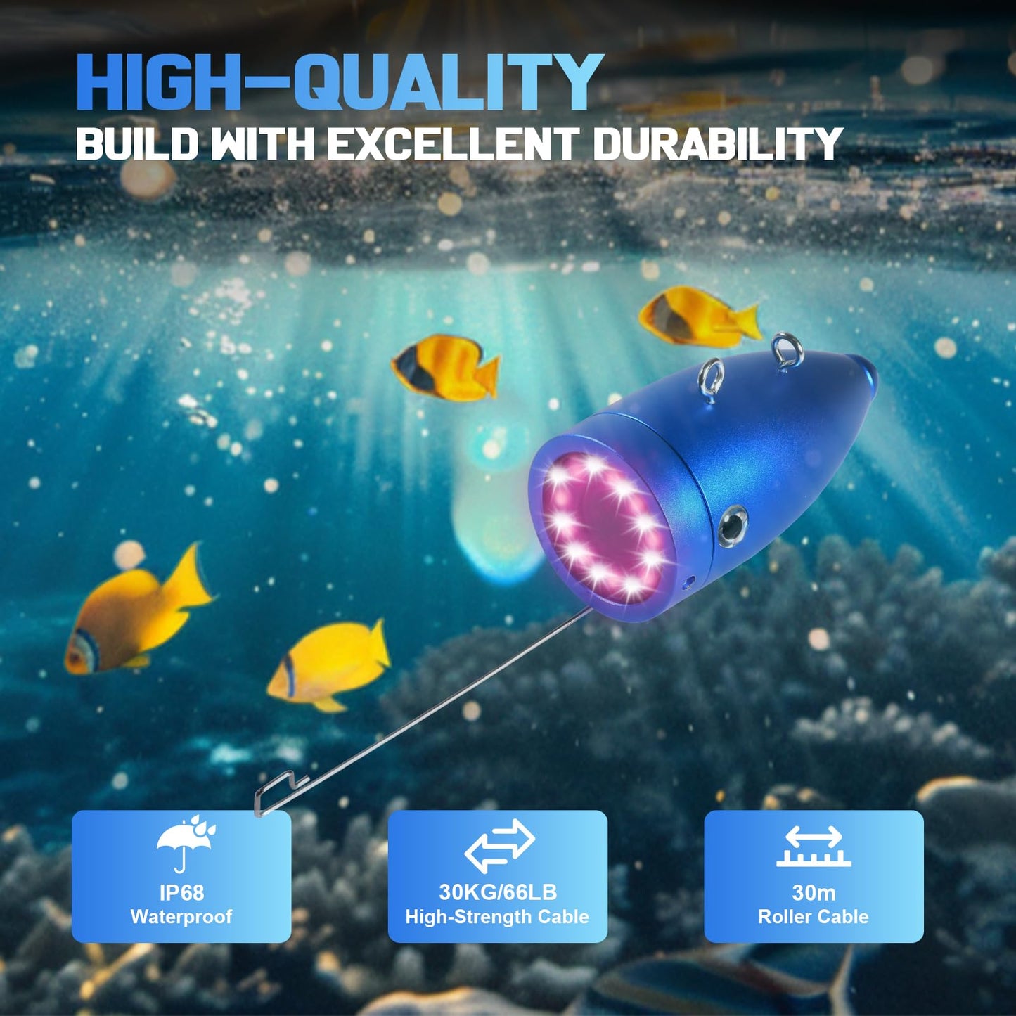 1200TVL HD Underwater Ice Fishing Camera with DVR (Includes 32GB Card) & 7" 1024x600 Monitor, 30m Cable, 10000mAh, 12 White+12 IR LEDs, Aluminium Case
