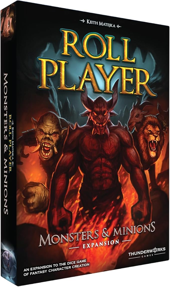 Monsters &amp Minions - Expansion for Roll Player Board Game | Adds End-Game Monsters 5th Player New Dice and 170+ Cards | Dice Drafting Family Game for 1-5 Players Ages 14+ | Thunderworks Games