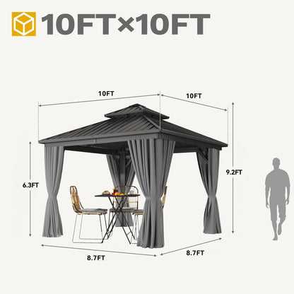 DWVO 10x10ft Hardtop Gazebo Double Roof Hardtop with Nettings and Curtains, Heavy Duty Aluminum Frame Galvanized Steel Outdoor for Patio, Backyard, Deck, Lawns, Grey