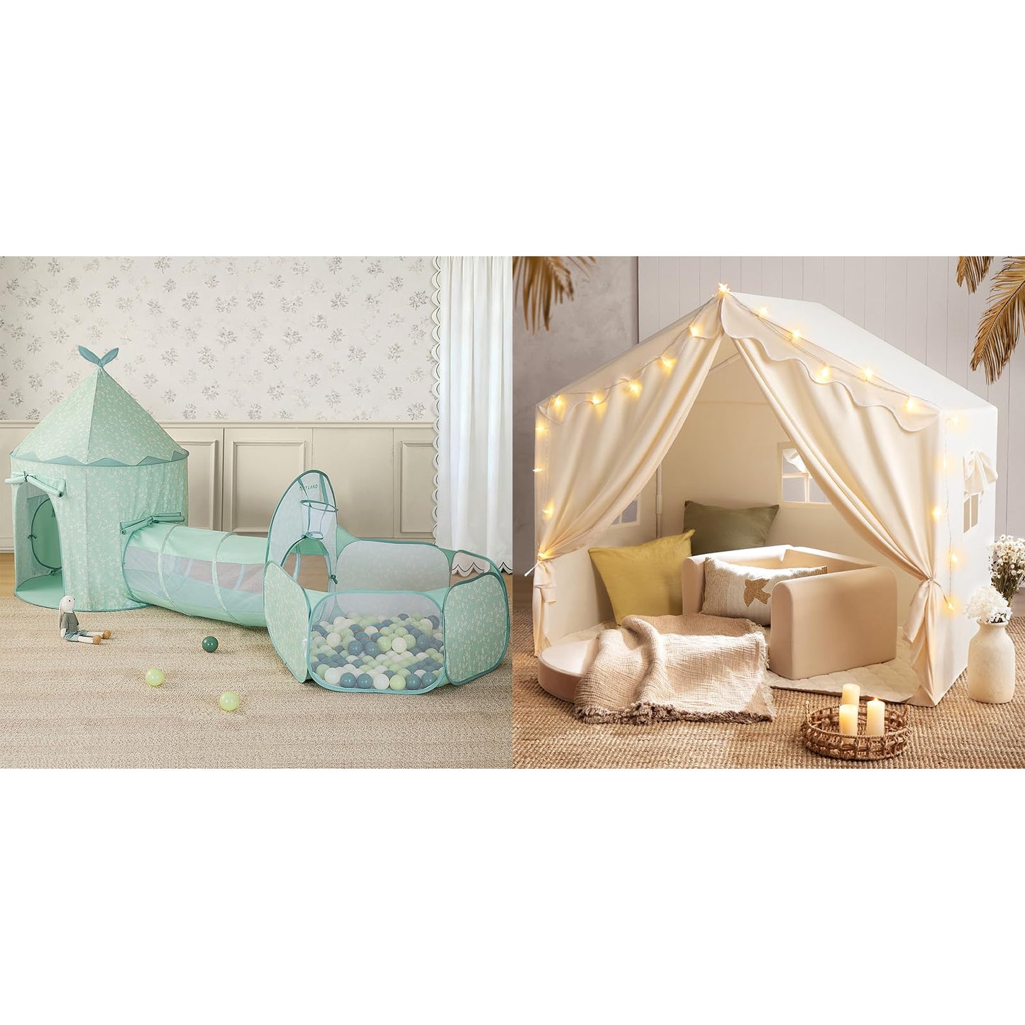 Tiny Land Kids Tent with Mat and Star Lights, 3-in-1 Kids Green Play Tunnel with Ball Pit & Tent