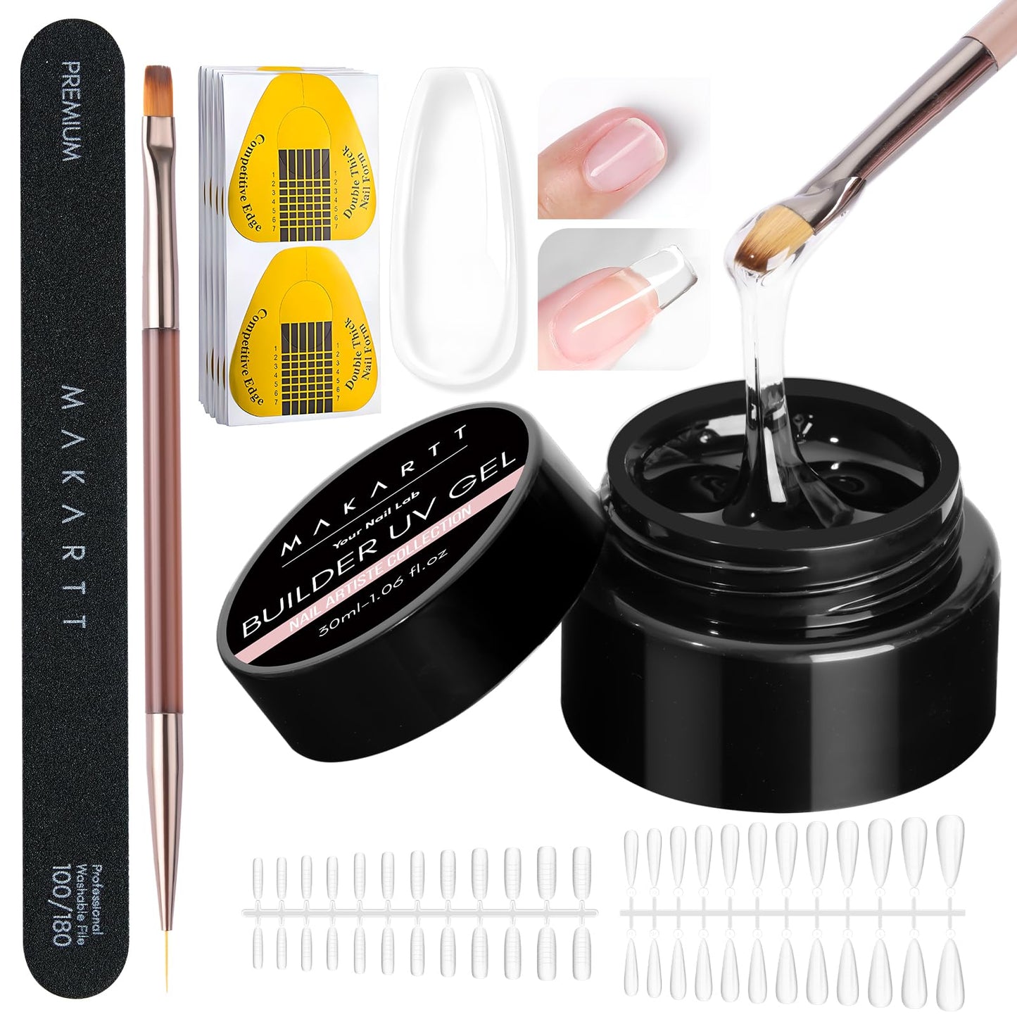Makartt Clear Gel Builder Kit: Self-Levelling, Long Lasting Extension Hard Gels for Strengthener, Broken Nails Repair Gel Kit with Paper Forms, Dual forms, Nail File and Dual-End Brush 1.06 oz