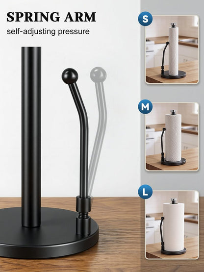 SMARTAKE Paper Towel Holder, Paper Towel Dispenser Standing Weighted Base Non Slip, Spring Arm Fit Most Size Paper Roll, Stainless Steel Paper Towel Holder for Home Kitchen Countertop Tabletop, Black