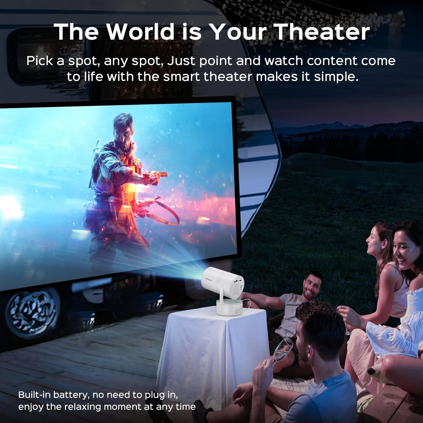 Mini Projector with WiFi & Bluetooth, Auto Keystone & Electric Focus, 270° Rotation Rechargeable Portable Outdoor Projector, Native 1080P 4K Supported for Home Theater & Camping
