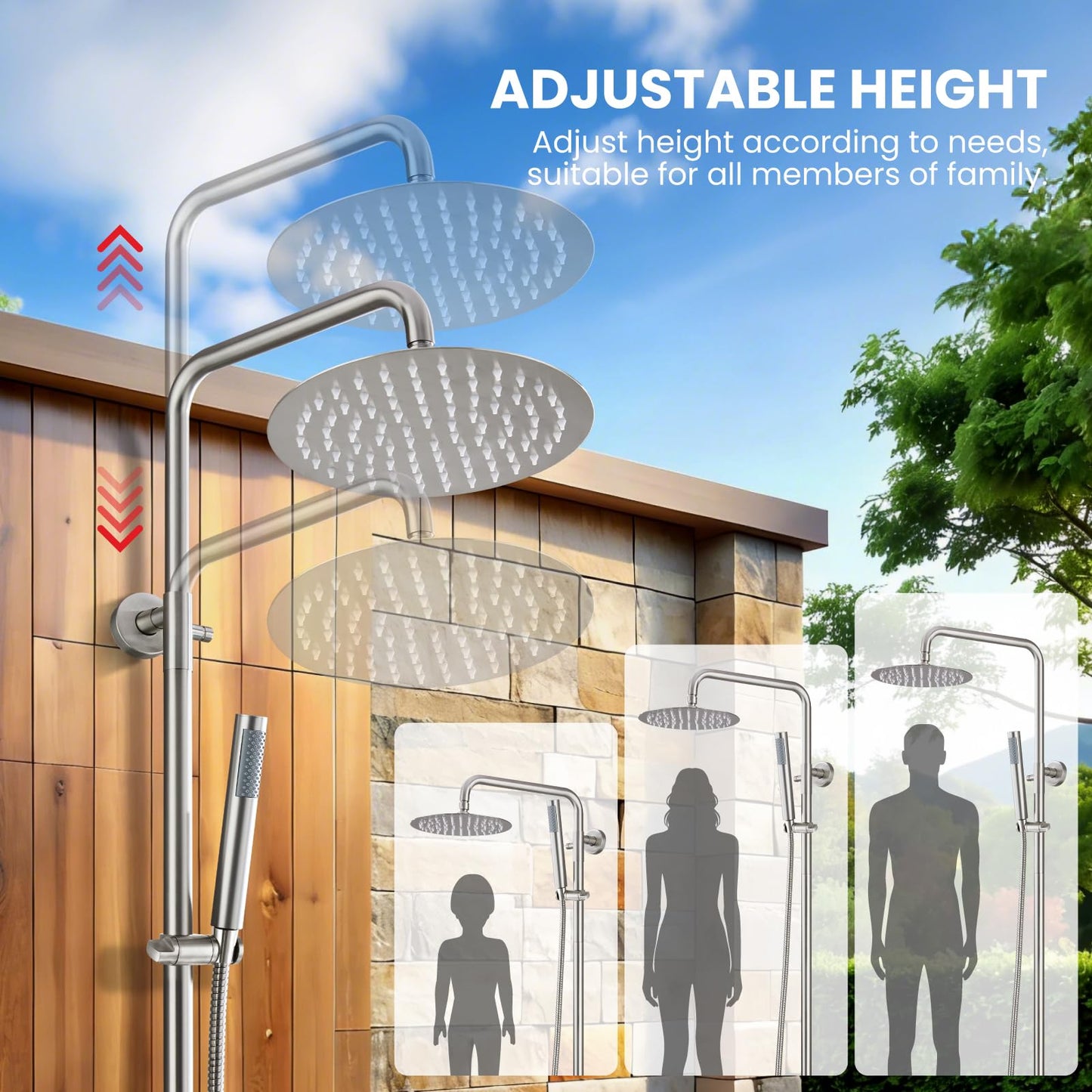 gotonovo Outdoor Shower Fixtures SUS304 Stainless Steel Rain Shower Kit Faucet High Pressure Wall Mount 2 Dual Function 8 Inch Showerhead and Handheld Spray Combo, Double Cross Handle, Brushed Nickel
