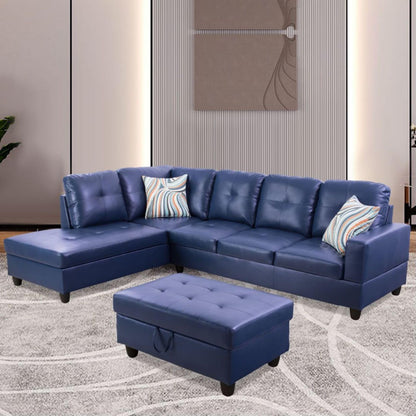UOCFYK L-Shaped 3-Piece Semi PU Synthetic Leather Sofa with Storage Ottoman Set, Sectional Couch Sofa Set for Living Room, Office, Small Space, Blue