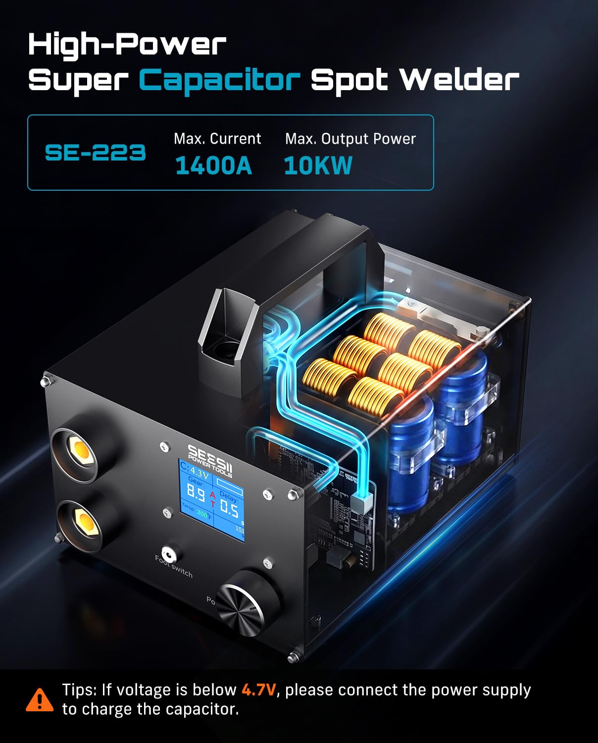 SEESII 10KW Capacitive Battery Spot Welder: 12V Power Supply Available, Spot Welding Machine with Low Internal Resistance, Overvoltage Protection, for Battery Packs DIY & Repair