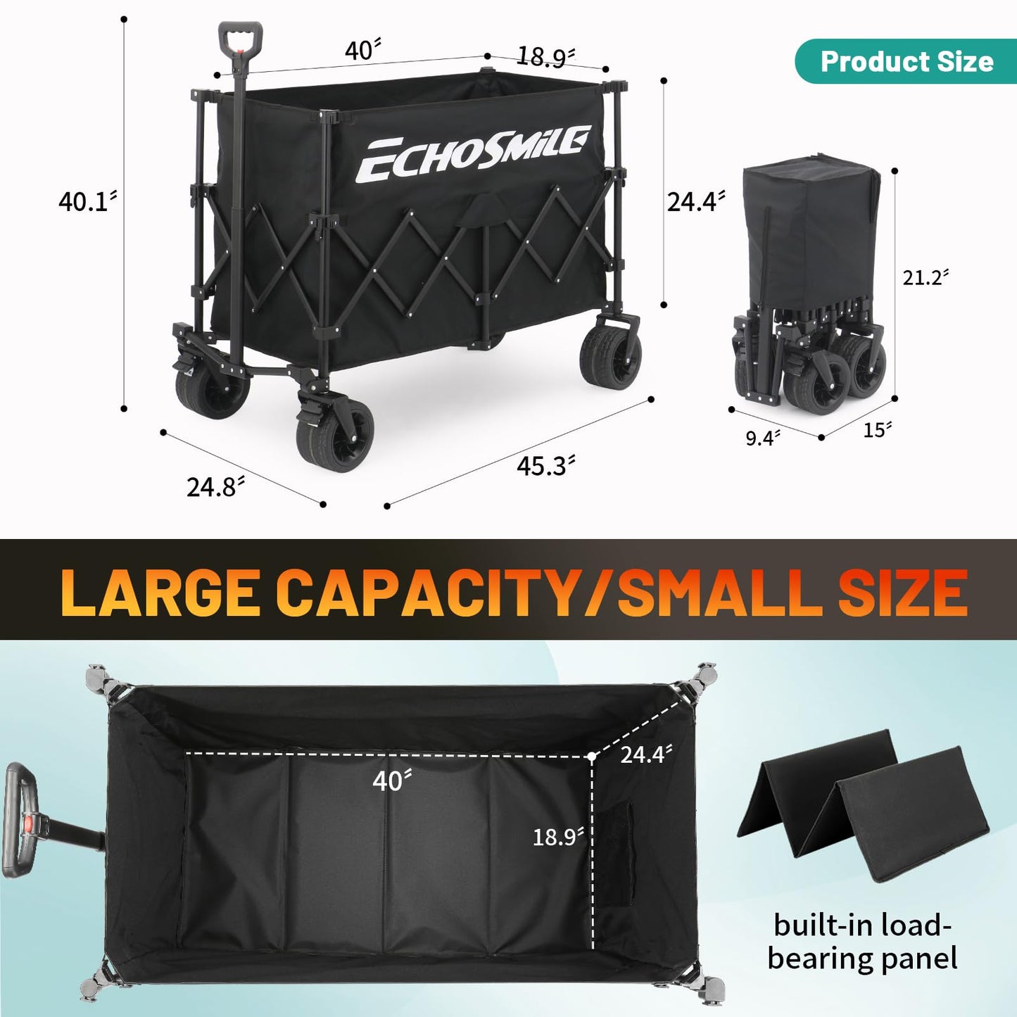 EchoSmile Collapsible Foldable Extended Wagon with 500Lbs Weight Capacity, 300L Folding Utility Wagon Cart with Big All-Terrain Wheels for Beach,Sport,Garden&Grocery (Black)