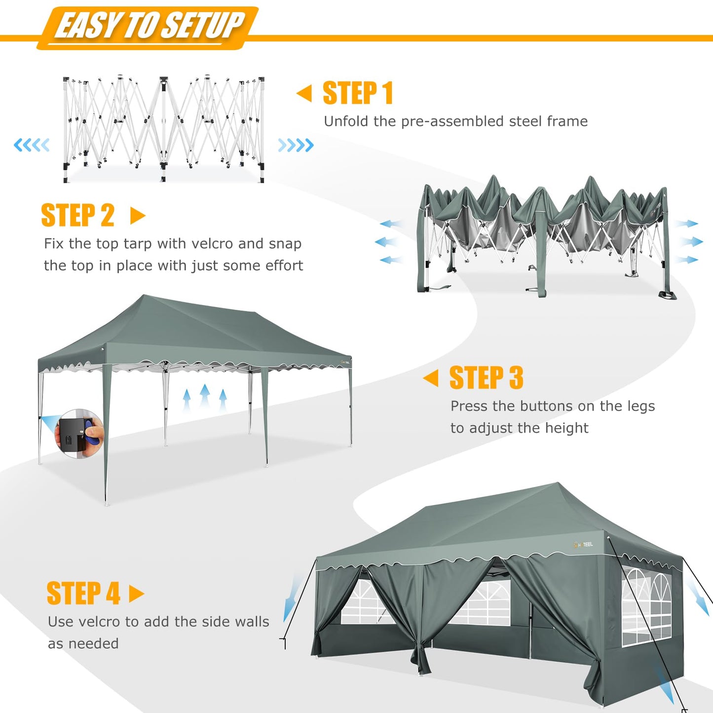 HOTEEL 10x20 Pop Up Canopy Tent with 6 Sidewalls, Waterproof UV50+ Outdoor Shelter for Parties and Events, Easy Setup with Wheeled Bag & 4 Weight Bags, Gray
